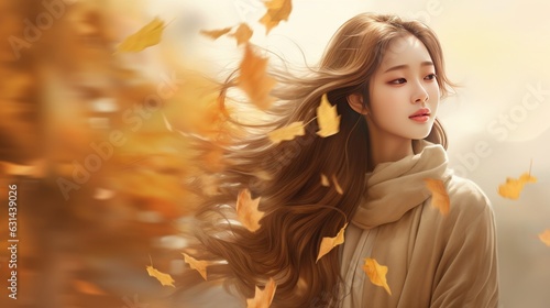 Asian woman standing with falling leaves around her