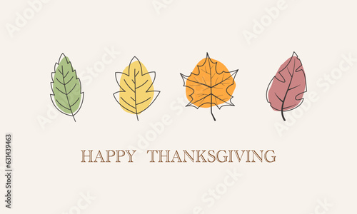 Happy Thanksgiving wish written with elegant calligraphic script and decorated by fallen autumn foliage. Colored seasonal vector illustration in flat style for holiday greeting card, poster card.