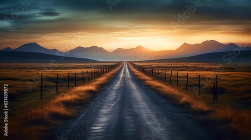 地平線まで続く道、太陽の光に照らされた田舎の風景