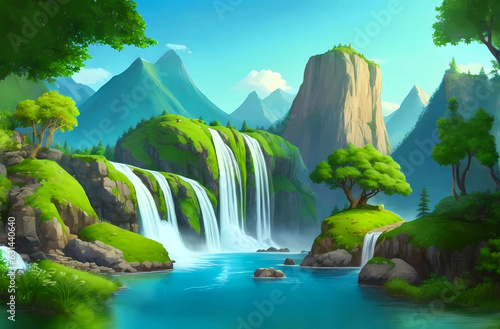 Landscape with waterfalls, trees with green leaves and rocky mountains in the background.
