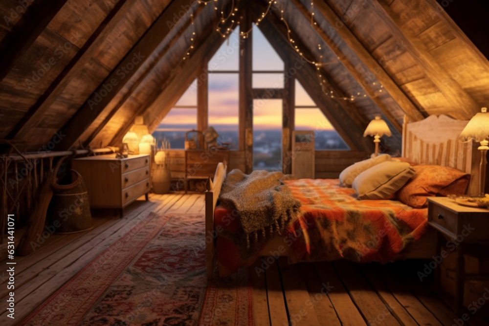 Illustration of wooden attic interior with bed of old house Illustration of wooden attic interior with bed of old house