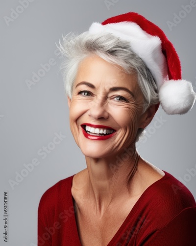 older lady smiles with santa claus christmas hat on, against a plain background