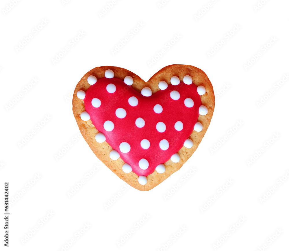 Dotted patterned royal icing heart shaped cookie on transparent background, PNG file