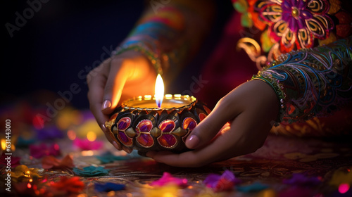Canvas Print A women is holding a diwali lit candle to decorate it, diwali stock images, real