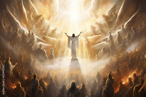 Jesus reaches out to heavenly light surrounded by angels and followers in heaven