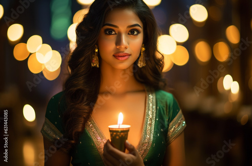 Young indian woman lighted up with diwali lamp, diwali stock images, realistic stock photos