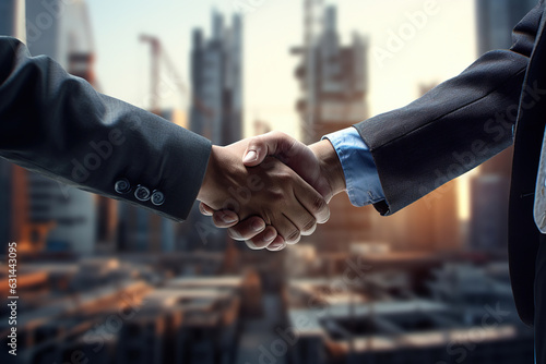 Real estate investment concept, shake hands in a building project background