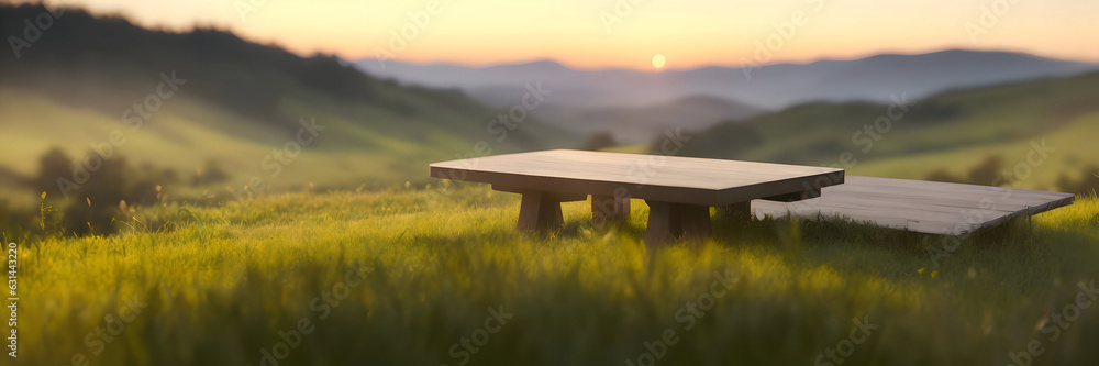 Wood table in the mountain, sunrise, sunset Wood table in the mountain, sunrise, sunset
