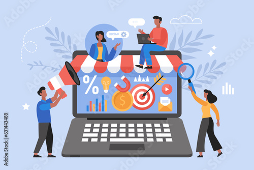 Web marketing and internet advertising concept. Modern vector illustration of people business team promoting website, products and services
