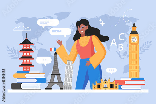 Language learning concept. Modern vector illustration of student studying speaking, reading and writing foreign language