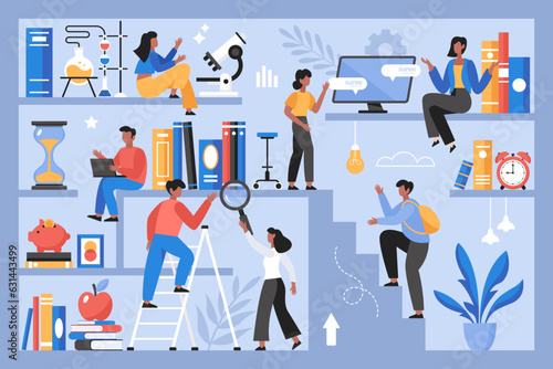 Back to school concept.  School students in library doing research.  Modern vector illustration of people studing and learning