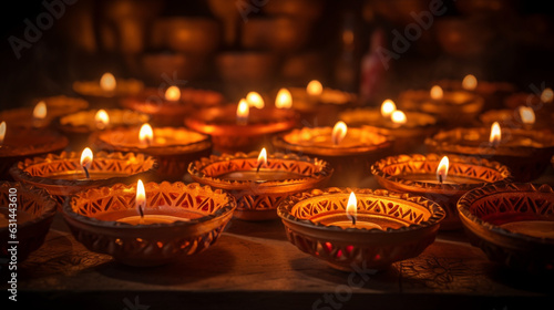 Candles were lit inside trays of clay dishes in india, diwali stock images, realistic stock photos