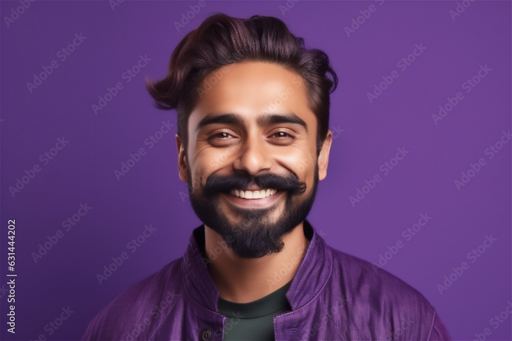 Indian mid adult man smiling on a violet background Indian mid adult man smiling on a violet background