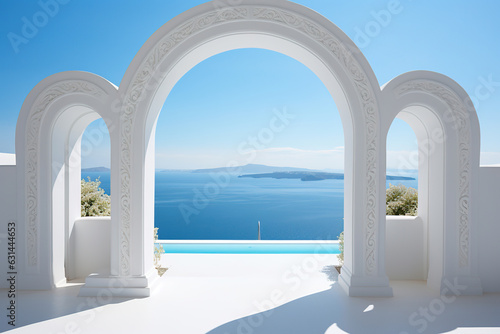 Minimalism arch gate view to the sea beach living Santorini island style