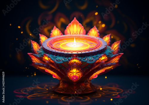 A close-up of a diya lamp with intricate patterns, diwali stock images, cartoon illustration art