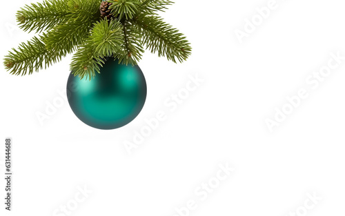 Single Blue Christmas glass ball hanging from a pine branch, isolated on white with copy space. 