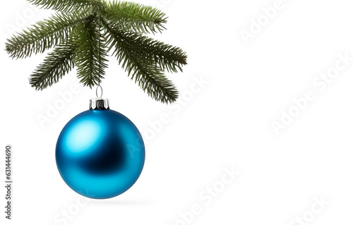 Single Blue Christmas glass ball hanging from a pine branch, isolated on white with copy space. 