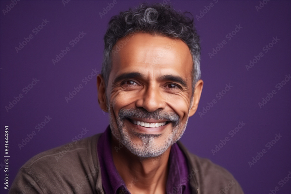 Fototapeta premium Indian mature adult man smiling on a violet background