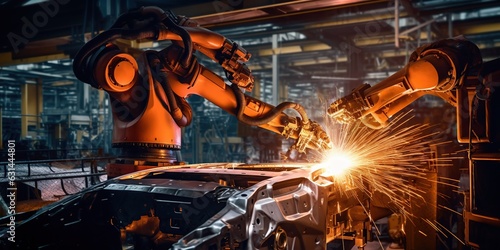 A robot is welding a welding arm in a car production line