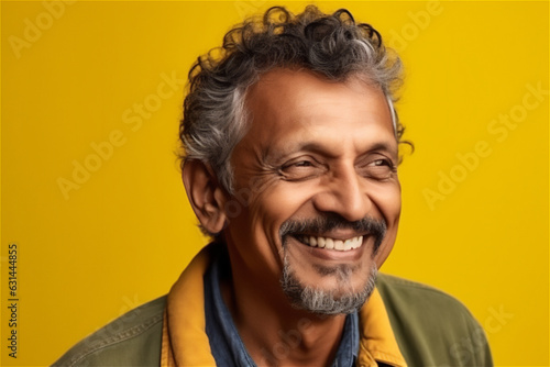 Indian mature adult man smiling on a yellow background