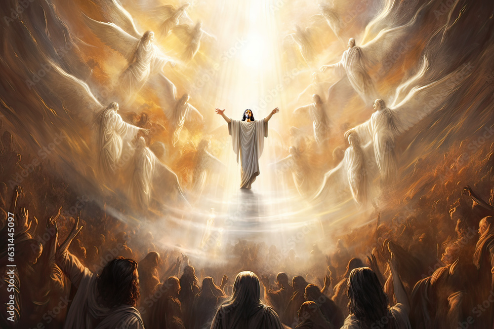 Jesus ascending with angels and followers, healing all in Heaven - obrazy, fototapety, plakaty 