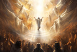 Jesus ascending with angels and followers, healing all in Heaven