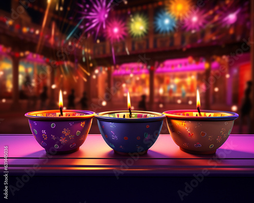 Three bowls with colourful candles with fireworks in the background, diwali stock images and illustrations