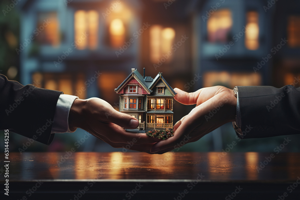 Real estate agent, Hands holding in a house for Buying or rental or sales background - obrazy, fototapety, plakaty 