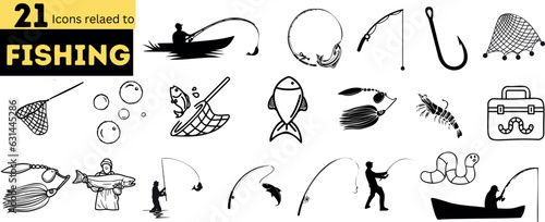 21 Fishing Icons Vector Illustration. The icons are vector illustrations, so they can be scaled to any size without losing quality.