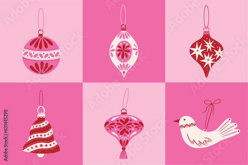 Set of beautiful Christmas ornaments illustration elements for tree. Collection of pink and red Xmas ball, baubles, hanging toy, bell, hand drawn illustration. Winter holiday season decoration sticker