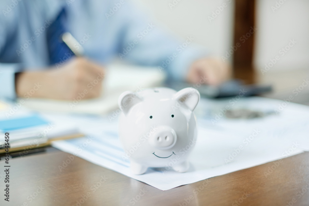 Man calculating her expenses on a notebook putting coin into piggy bank. Saving money with coins Step into a business that is growing to be successful and save for retirement concepts Man calculating her expenses on a notebook putting coin into piggy bank. Saving money with coins Step into a business that is growing to be successful and save for retirement concepts