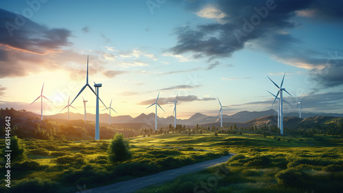 Windmill wind power electricity farm field at sunrise. Generative AI