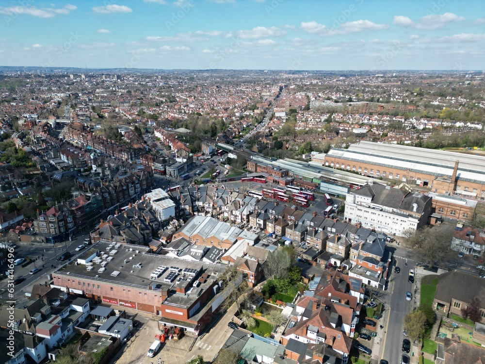 Golders Green London bus depot  UK drone aerial view