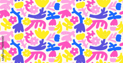 Seamless pattern background with flowers and plants. Cute hand drawn doodle nature elements.