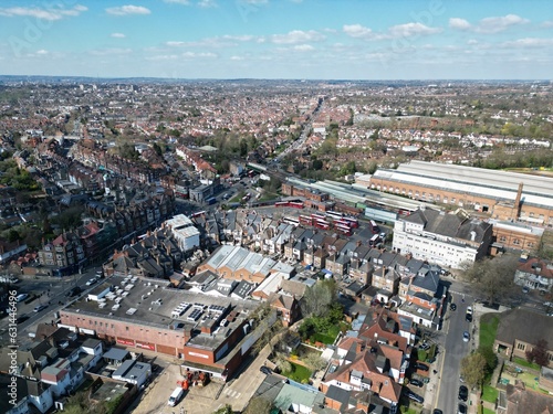 Golders Green London bus depot UK drone aerial view
