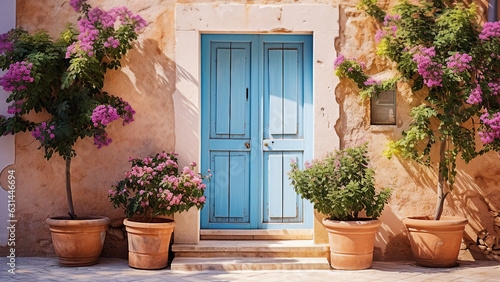 Old blue Door and flower pots on the street in mediterranean. generative ai 