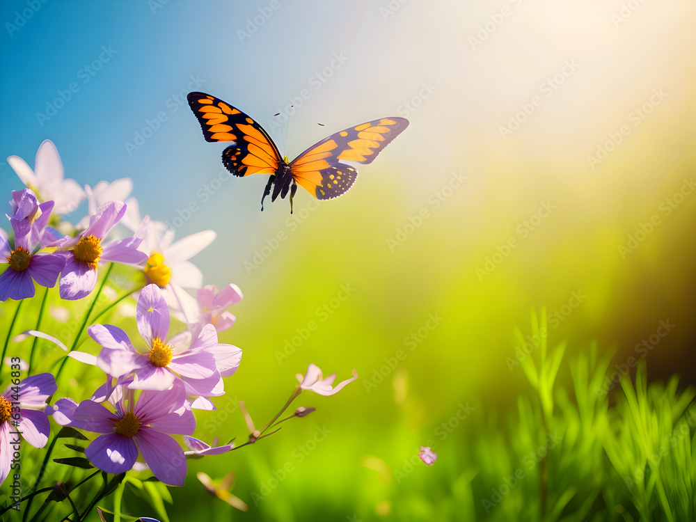 Nature Background with butterfly and pink flowers with sunlight and grass. Nature Background with butterfly and pink flowers with sunlight and grass.