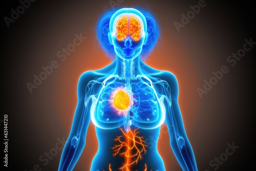 Scanned blue female body with orange brain on black background, Generative AI.