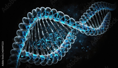 Deoxyribonucleic acid from blue cells on a black background, blue DNA spirals, Generative AI.
