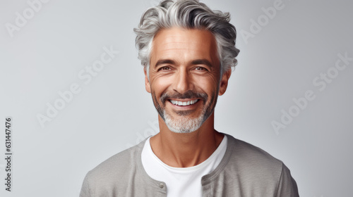 A middle-aged gray-haired man in gray casual clothes smiling broadly against a gray background. Created with Generative AI technology.