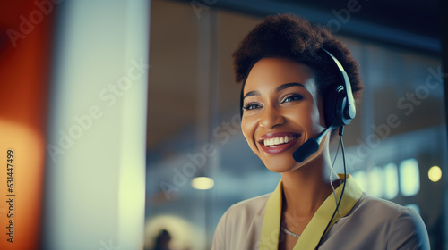 An African-American call center agent with a headset works on the support hotline. Created with Generative AI technology.