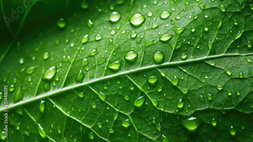 Texture of green leaf with water drops. Created with Generative AI technology.