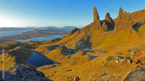 Panoramic view of warm morning sunlight on the Old Man of Storr, Isle of Skye, Scotland, UK.