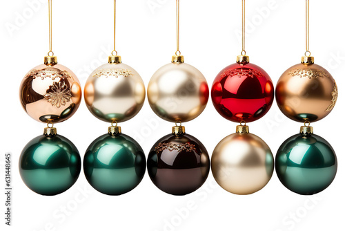 a collection of a variety size of hanging Christmas balls in a white background isolated PNG