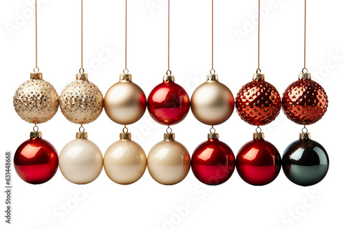 a collection of a variety size of hanging Christmas balls in a white background isolated PNG