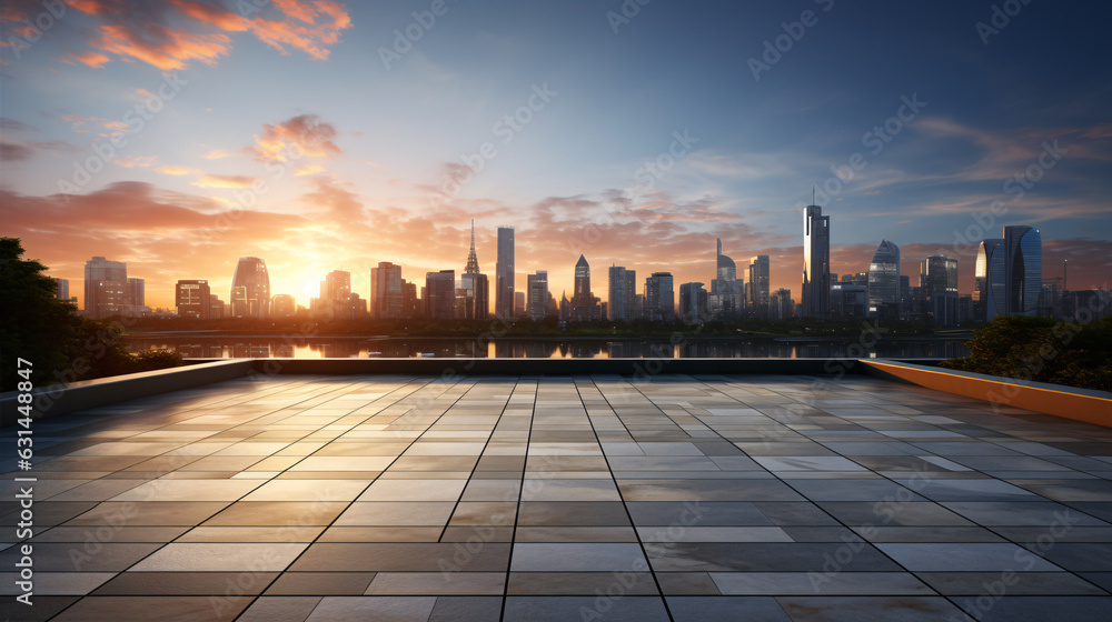 Modern building exterior cityscape background. Sunrise scene. Empty cement floor with steel pavement, 3D style.