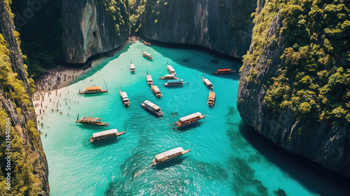 Beautiful cave from sky view with many boats and clear water 