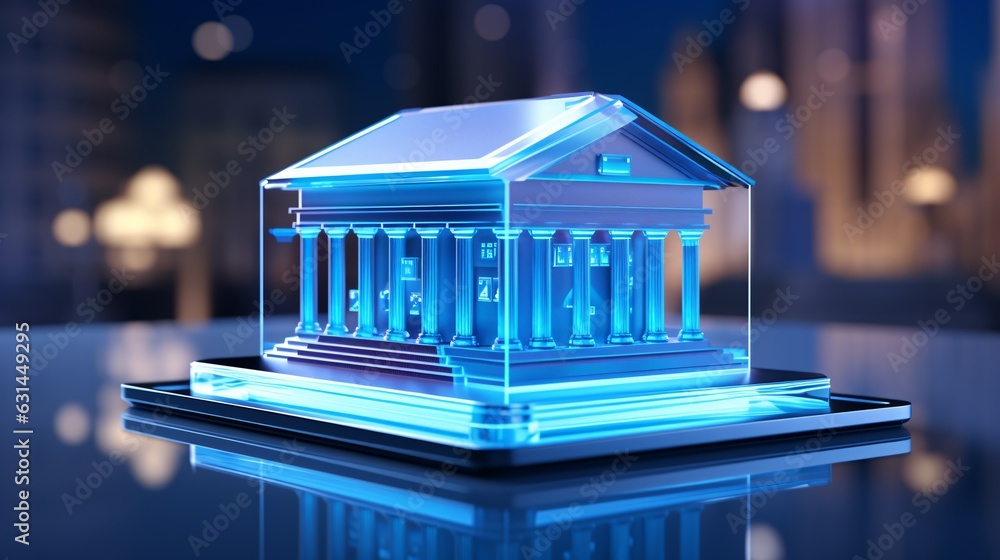 Blue digital bank glowing icon on blue tone background. Online banking ...