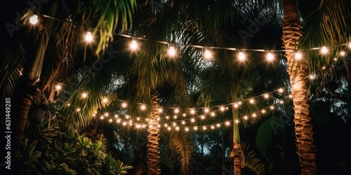 Magical Light Garlands near Tropical Palms. Illuminated Paradise Vibes. Enchanting Evening Under Palm Trees. Exotic Holiday Illuminations. Dreamy Tropical Ambiance with Glowing Lights