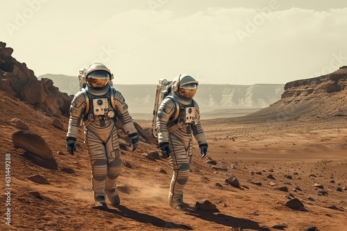 Two astronauts walk on the surface of Mars, the planet Mars and the expedition to Mars, generative AI.
